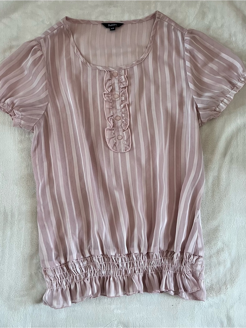 Reitmans Pale Pink Striped Ruffle Henley Blouse